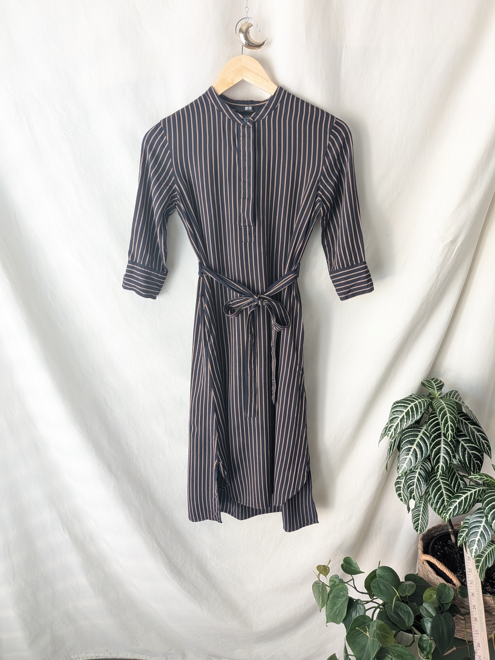Uniqlo Navy Brown Striped Midi Shirt Dress Belted